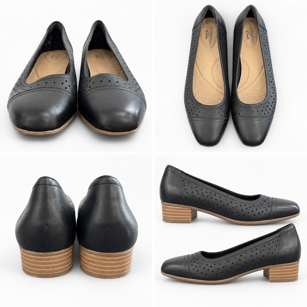 Clarks Collection Juliet Lora Black Leather Perforated Flats Shoes Womens 10 M
